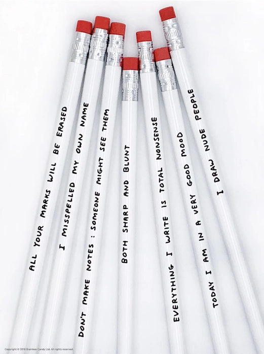 David Shrigley pencil set with 7 silver HB pencils in a yellow gift box, each featuring a humorous phrase by the British artist—ideal creative gift made in the UK for fans of quirky art and stationery.