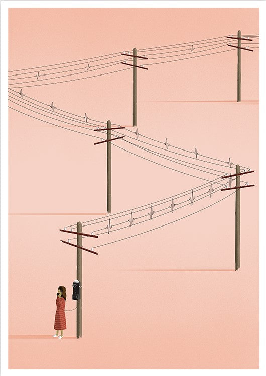 Minimalist art print titled 'Call' by Ana Yael, featuring a woman in a red dress using a vintage telephone on a wooden pole, with telephone wires stretching across a soft pink background – poetic and nostalgic wall art available at Galerie Frits