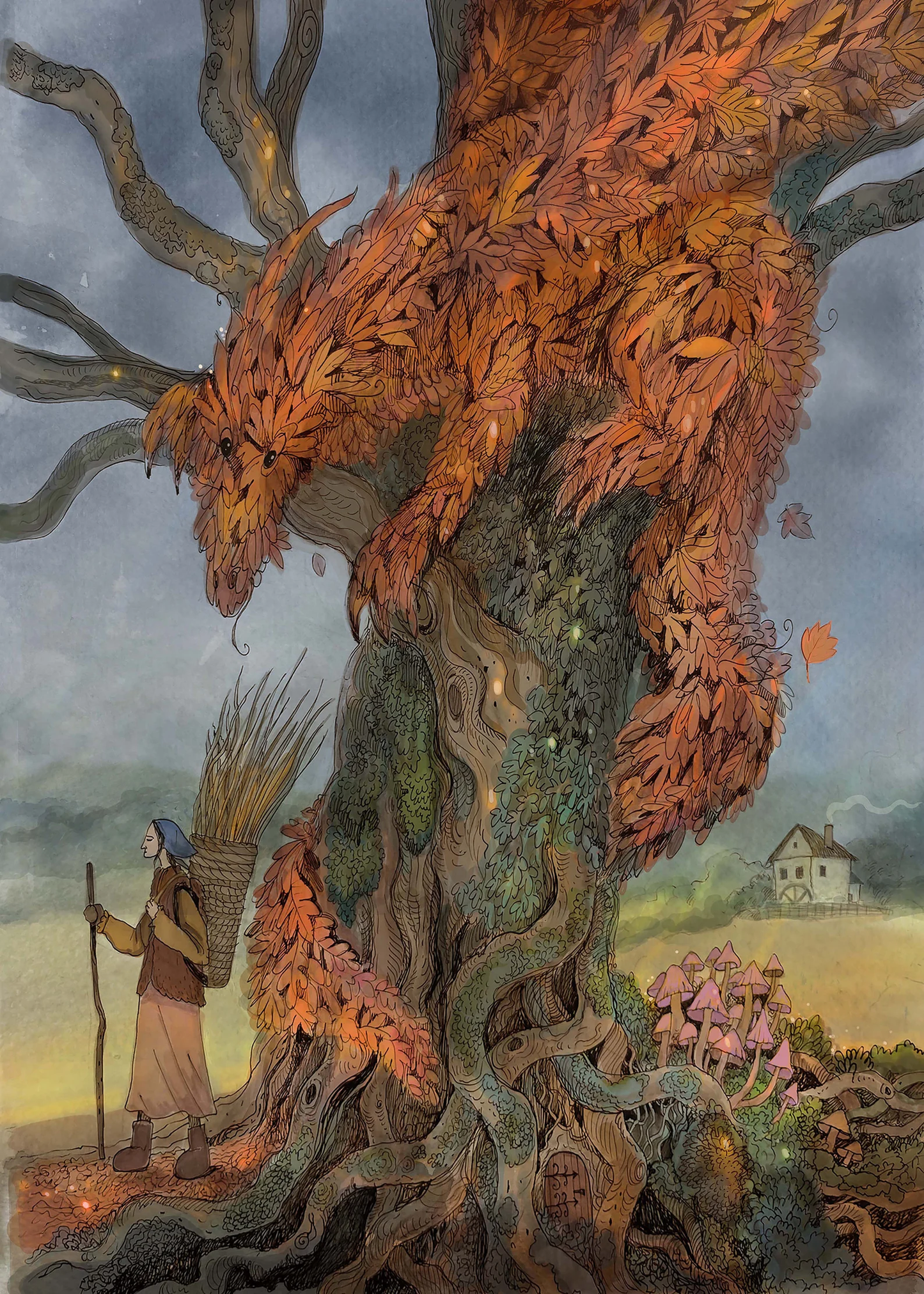 A detailed fantasy illustration titled Beast of Autumn by Lena Yampolski, featuring a majestic dragon made of orange leaves resting in a giant ancient tree while a villager with a basket walks nearby, surrounded by mushrooms and a misty countryside house — a magical autumn scene perfect for cozy interior decor and art lovers.