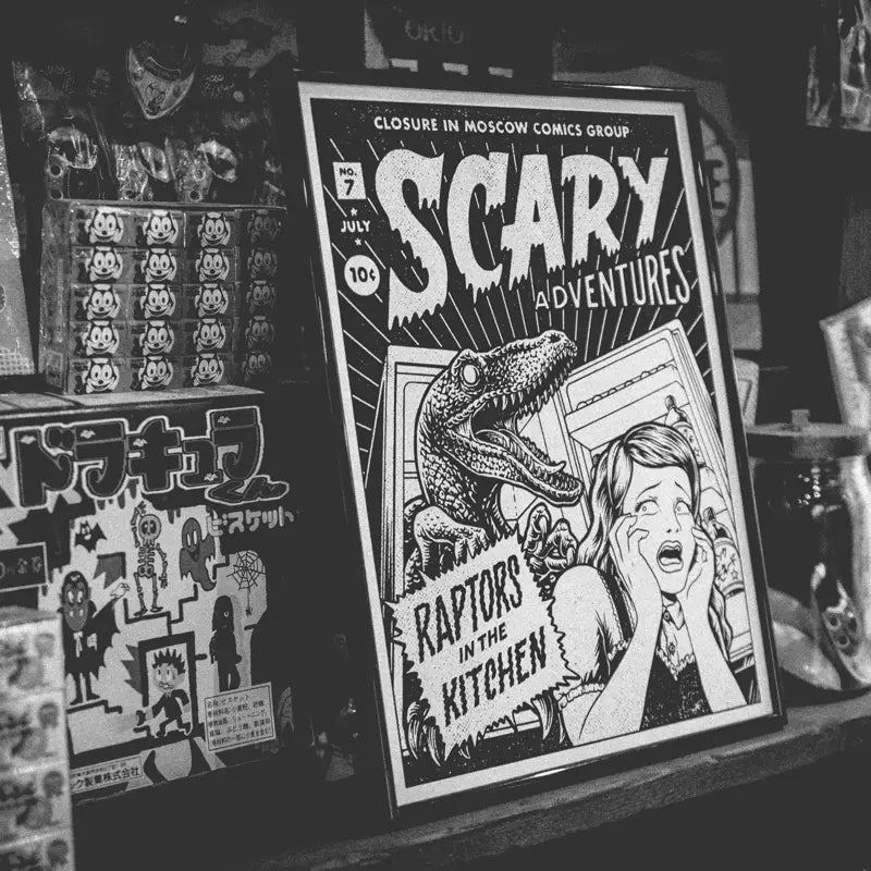 Raptor art print by Yeaaah! Studio featuring retro black-and-white comic cover design with a terrified woman, an open fridge, and a velociraptor inside. Includes text “Raptors in the Kitchen,” printed on 30x40 cm Old Mill Premium White 300g paper, digital print, unframed, made in France.