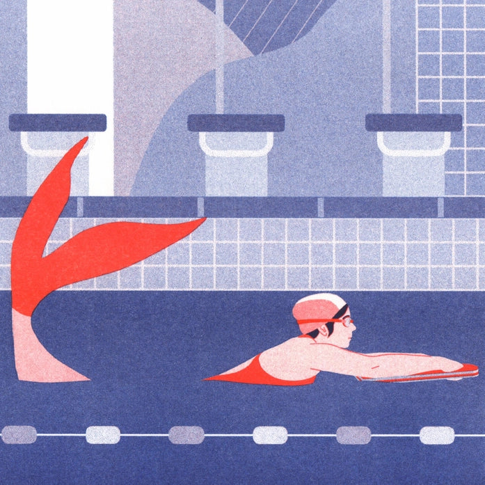 Risograph print titled "Swimmer" by French illustrator Doriane Millet, showing a whimsical indoor pool scene with a swimmer and a red mermaid tail beside her, set against a geometric tiled background in shades of blue and coral; A4 limited edition art print ideal for modern interiors and collectors of narrative illustration.