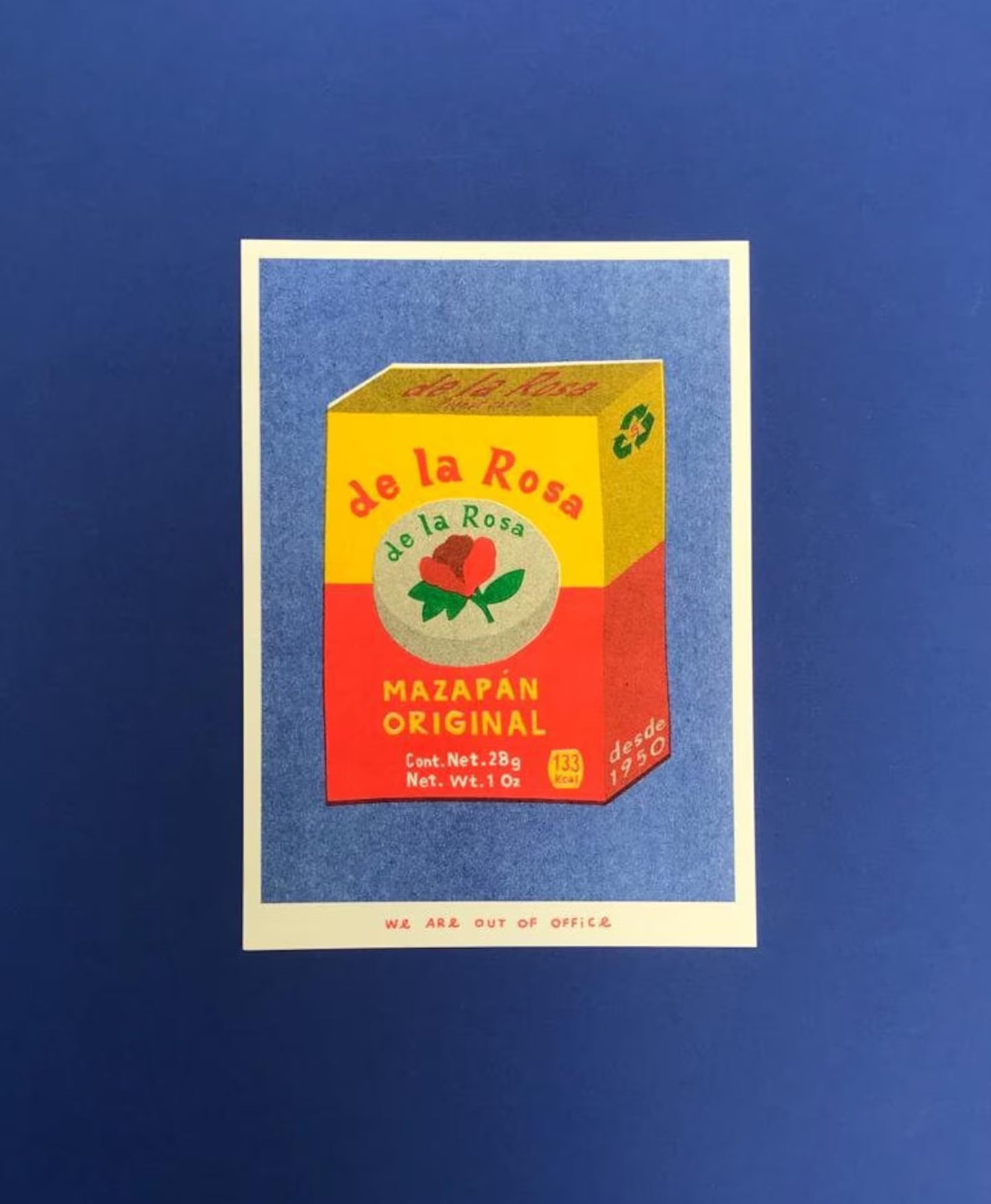 Mazapan Original risograph print by We Are Out of Office – colorful pop-style illustration of a traditional Mexican marzipan candy box, printed with soy ink on 300g Biotop paper in the Netherlands.