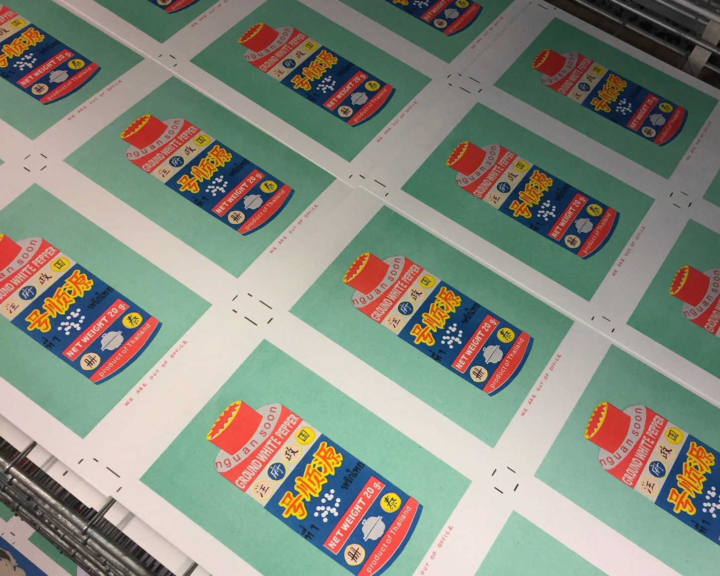 Colorful risograph art print of Thai ground white pepper packaging by We Are Out Of The Office, modern kitchen wall decor on eco-friendly 300g Biotop paper, 13x18 cm