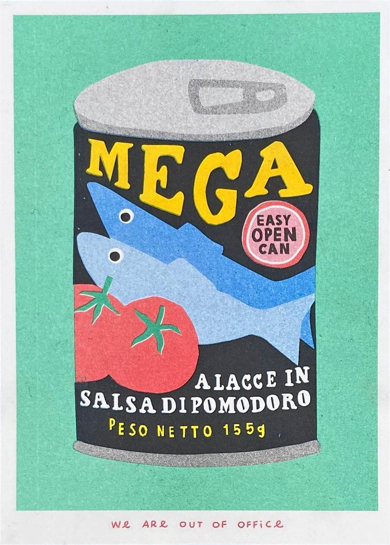 Colorful risograph print titled Can Mega Sardines by Dutch studio We Are Out Of Office, featuring a vintage-style sardine can design with tomatoes and bold typography, printed with eco-friendly soy inks on Biotop 300g paper — perfect for modern kitchen or pop art lovers.