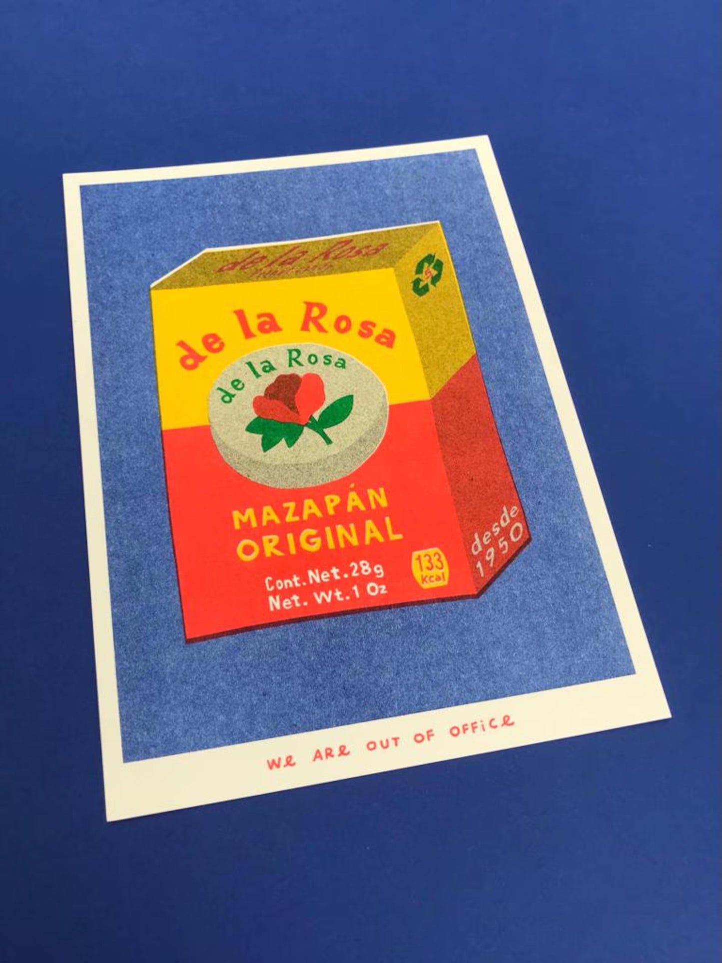 Mazapan Original risograph print by We Are Out of Office – colorful pop-style illustration of a traditional Mexican marzipan candy box, printed with soy ink on 300g Biotop paper in the Netherlands.