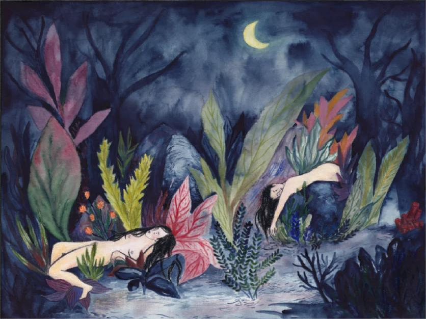 Watercolor art print "Moonlit Forest" by Kim Timmermans, depicting two nude women resting in a lush forest at night under a crescent moon. Surrounded by vibrant tropical foliage in deep blues and greens, creating a mysterious and atmospheric wall art piece.