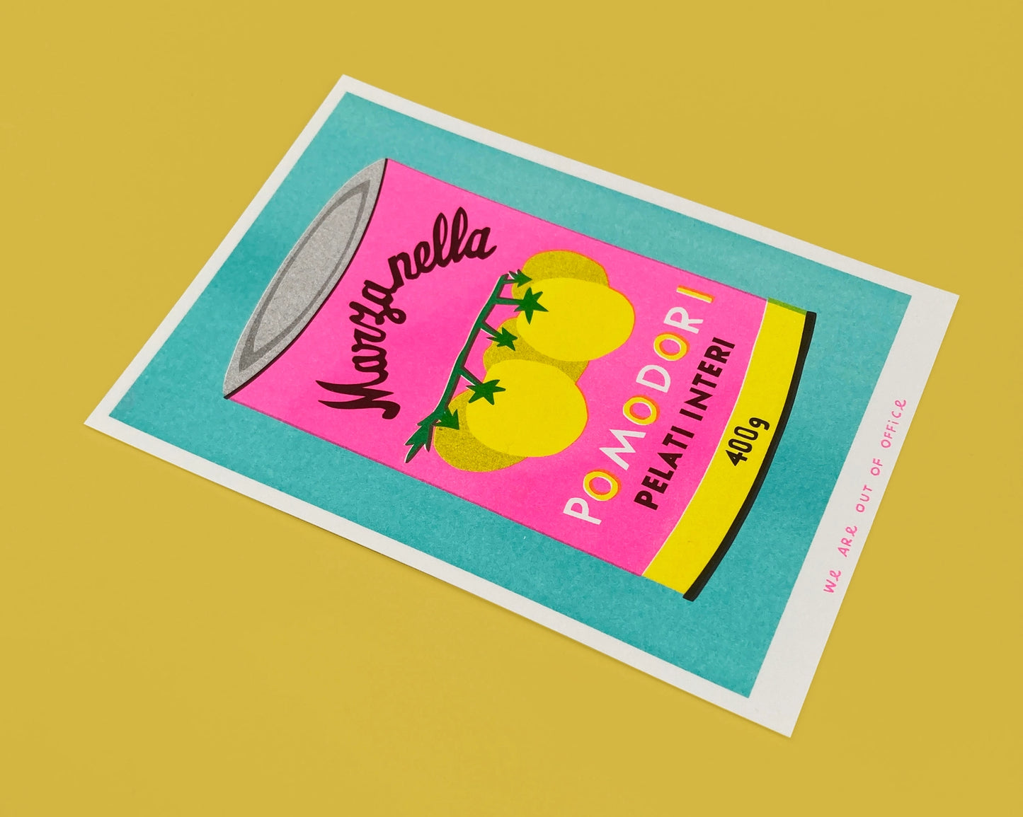 Colorful risograph illustration of a tomato can labeled “Pomodori Pelati Interi” in pink, yellow, and mint – Pomodori by We Are Out Of Office, 13x18 cm risoprint made in the Netherlands.