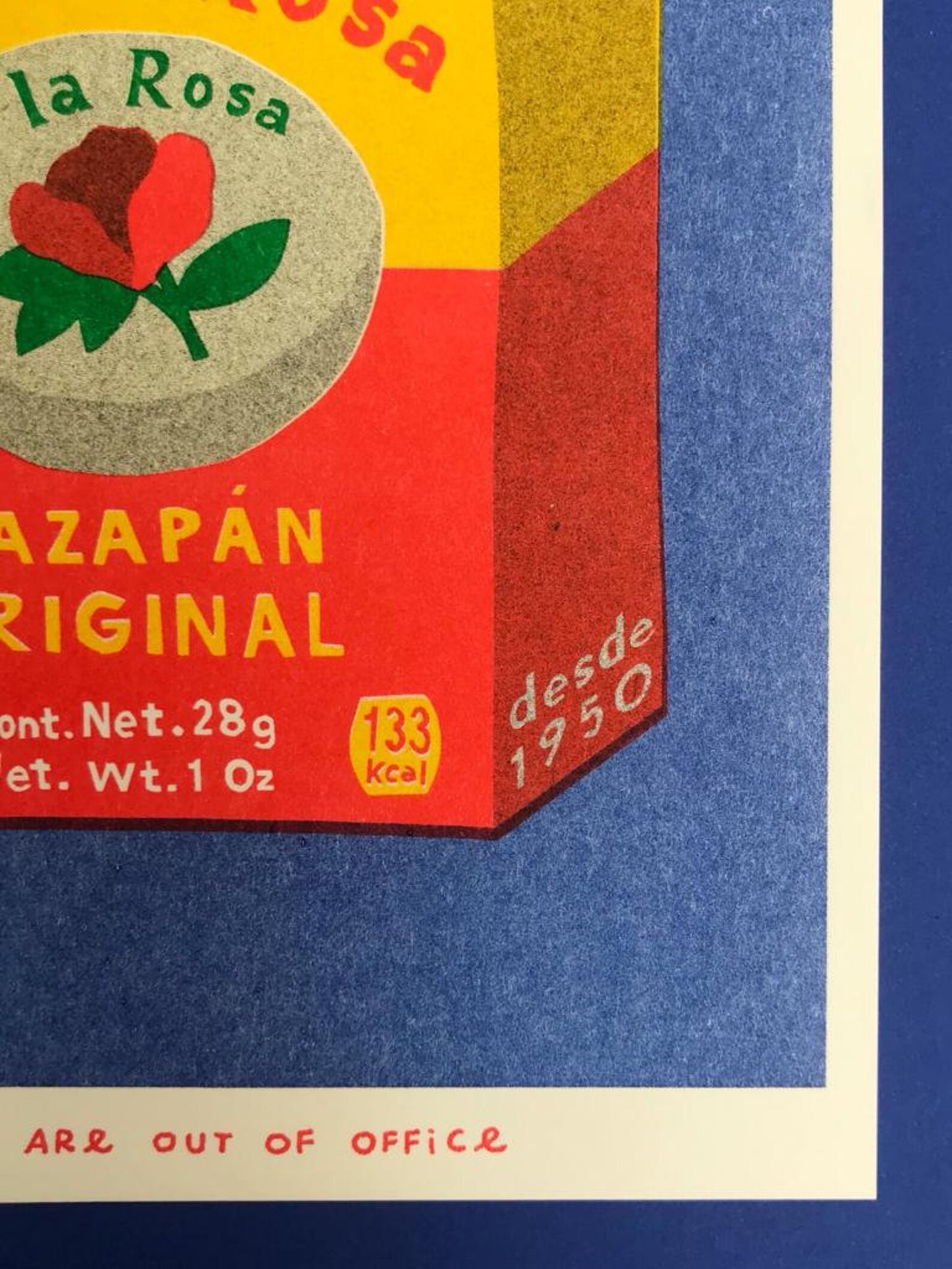Mazapan Original risograph print by We Are Out of Office – colorful pop-style illustration of a traditional Mexican marzipan candy box, printed with soy ink on 300g Biotop paper in the Netherlands.