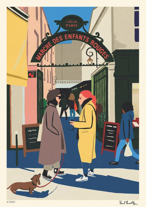 Colorful vintage-style Paris illustration art print of the "Marché des Enfants Rouges" by Paul Thurlby, featuring market visitors, street fashion, and a dachshund in a 50x70 cm fine art format.