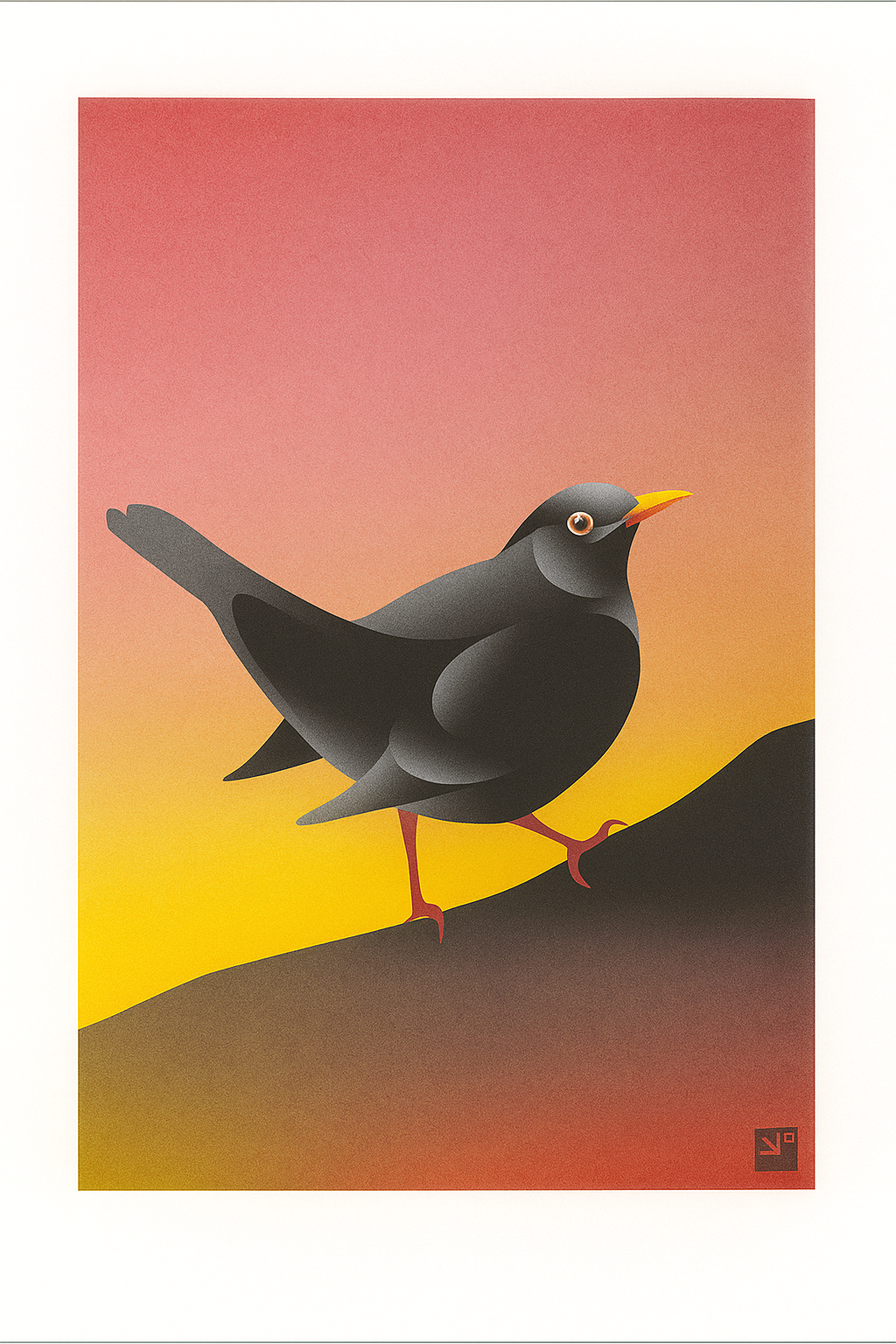 Blackbird illustration by VrijFormaat featuring a sleek black bird against a warm sunset gradient background — modern nature-inspired wall art available at Galerie Frits