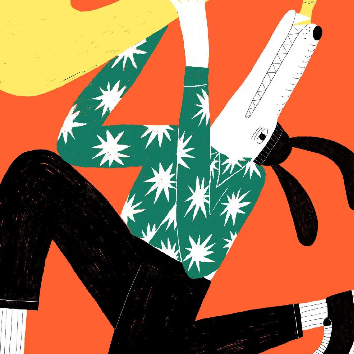 Playful illustration of a dog in sneakers playing a giant yellow saxophone with the words "It's All Good" coming out, set against a bright orange background; artwork by Dans les Dents.