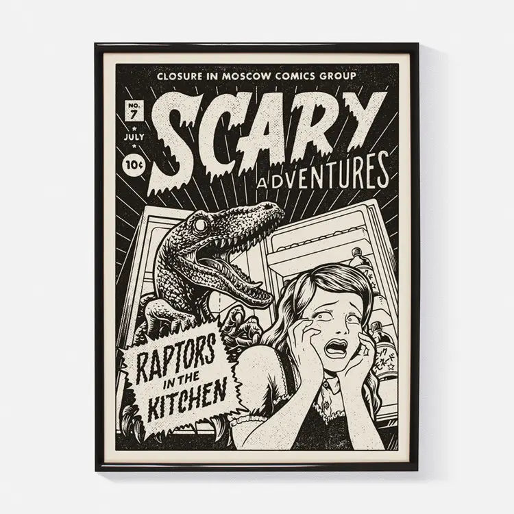 Raptor art print by Yeaaah! Studio featuring retro black-and-white comic cover design with a terrified woman, an open fridge, and a velociraptor inside. Includes text “Raptors in the Kitchen,” printed on 30x40 cm Old Mill Premium White 300g paper, digital print, unframed, made in France.
