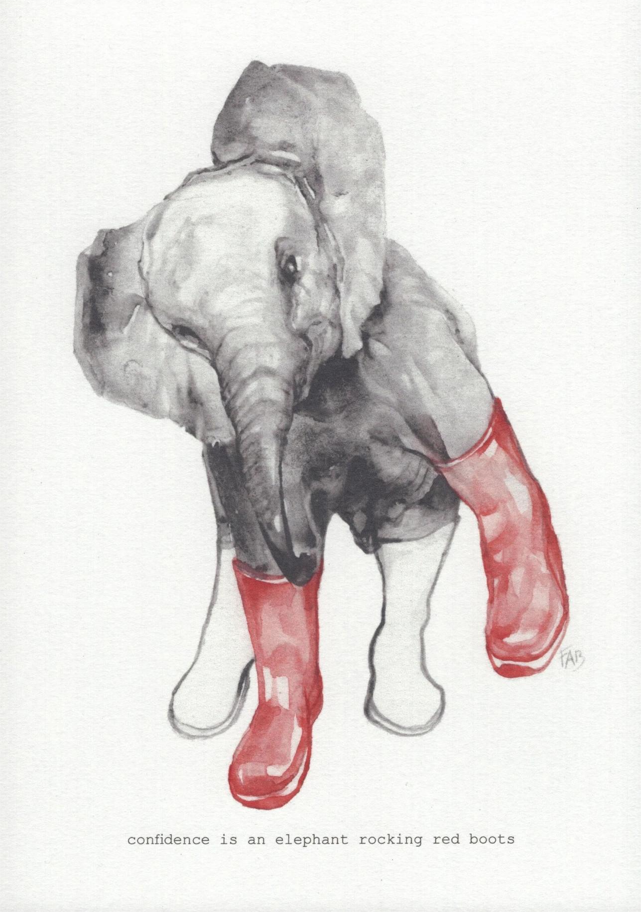 Art print of a grey elephant wearing red boots, titled “Confidence is an Elephant Rocking Red Boots” by Belgian illustrator FAB – playful and surreal A5 artwork on textured fine art paper.
