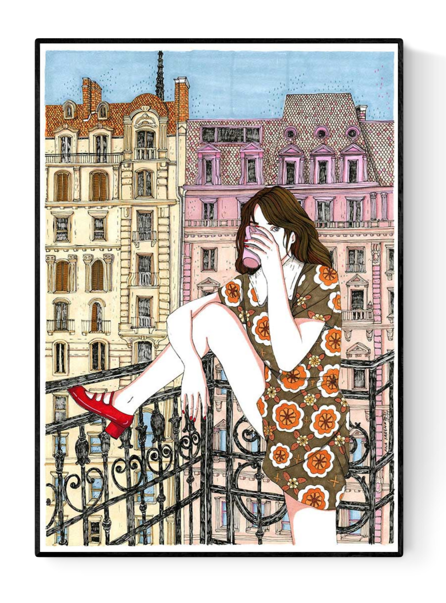 A4 illustration print by Spanish artist Ana Jarén – woman in retro floral dress enjoying coffee on a Paris-style balcony, with pastel architecture in the background, printed on acid-free 200 gsm paper – feminine, urban art for modern interiors.