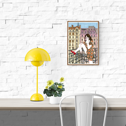 A4 illustration print by Spanish artist Ana Jarén – woman in retro floral dress enjoying coffee on a Paris-style balcony, with pastel architecture in the background, printed on acid-free 200 gsm paper – feminine, urban art for modern interiors.