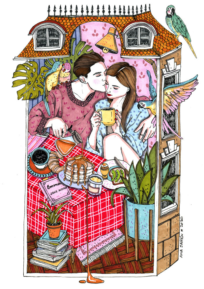Romantic illustration by Ana Jarén of a couple sharing brunch in bed, surrounded by tropical plants, birds, and cozy details – A4 art print on acid-free paper, perfect for lovers of intimate, everyday life scenes.