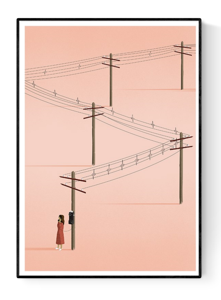 Minimalist art print titled 'Call' by Ana Yael, featuring a woman in a red dress using a vintage telephone on a wooden pole, with telephone wires stretching across a soft pink background – poetic and nostalgic wall art available at Galerie Frits