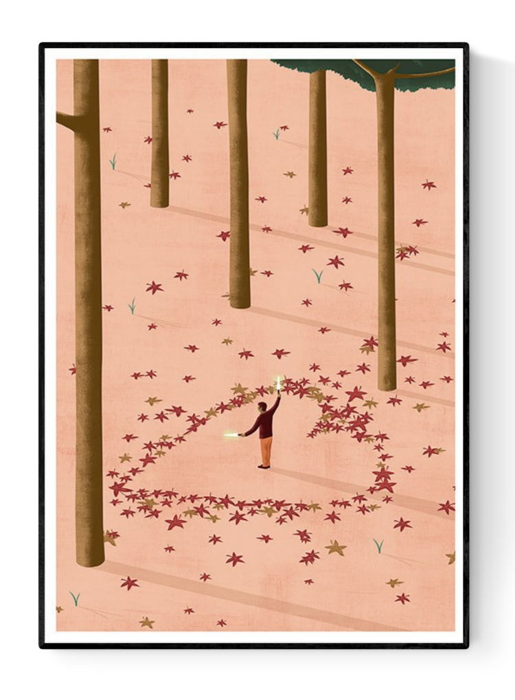 A3 Giclée art print titled The Welcome by Ana Yael, showing a person in a forest forming a glowing doorway from fallen red leaves. Printed on 192g Epson Enhanced Matte paper in Spain. Conceptual illustration with warm colors and introspective tone.