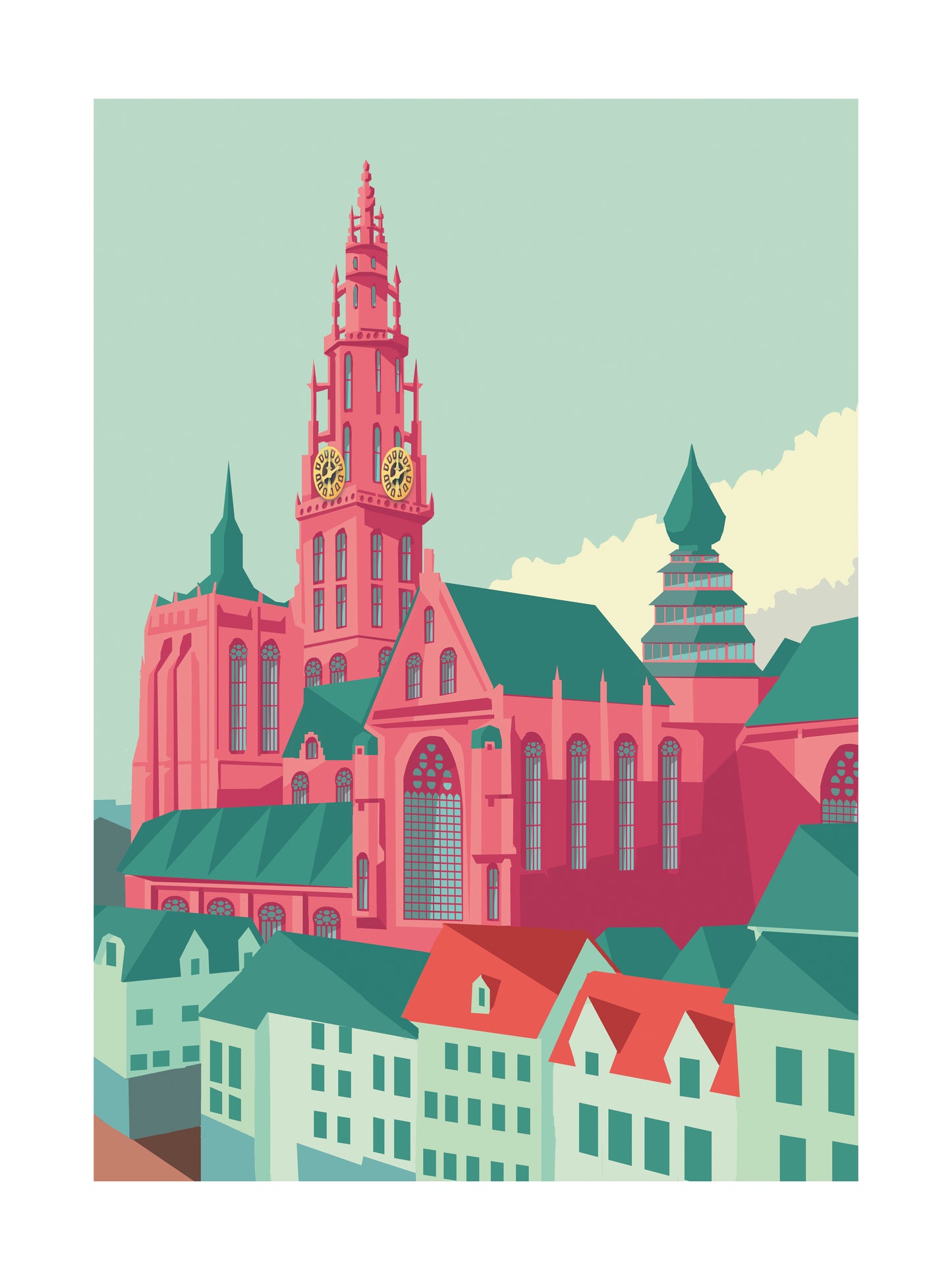 Cathedral Antwerp art print by Studio Frits – colorful architectural illustration of the Cathedral of Our Lady in Antwerp. Featuring bold pinks, greens, and clean lines in a modern graphic style. Perfect for architecture lovers, Belgium art collectors, and vibrant wall décor. Available at Galerie Frits