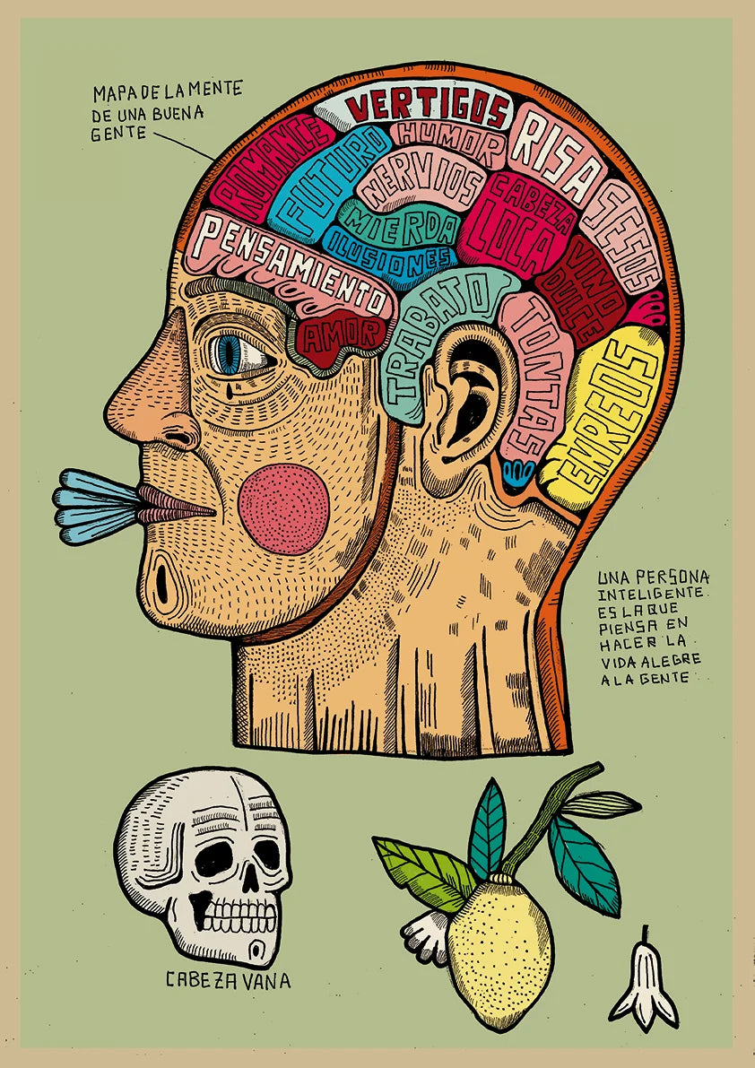Mapa de la mente de una buena gente by Asis Percales – A3 surreal art print in bold circus and tattoo style, colorful Spanish illustration of a human head map filled with words and symbols.