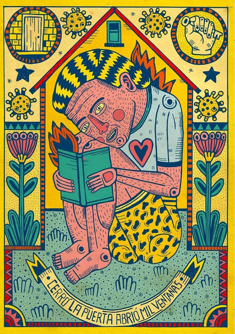 Cerró la puerta abrió mil ventanas by Asis Percales – A3 art print featuring surreal figure reading at home, colorful folk and circus-inspired Spanish illustration with symbolic motifs.
