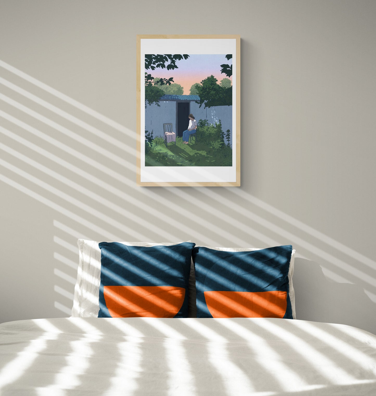 Peaceful and contemplative illustration by Victor Pellet titled 'Au Jardin,' showing a young woman seated quietly in a lush backyard garden at dusk. Framed by greenery, soft shadows, and a pastel sunset sky, this intimate scene evokes solitude, reflection, and the quiet beauty of everyday moments—perfect for minimalist interiors and lovers of poetic, narrative-driven art