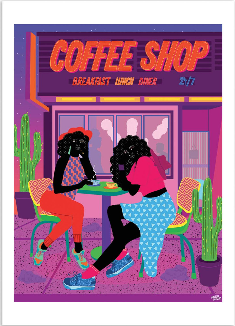 Dallas Coffee Shop by Aurélia Durand – 30x40 cm art print of two friends enjoying coffee outside a neon diner at night. Vibrant illustration full of bold colors, cacti, and cultural diversity, celebrating joy and connection. Printed in France on FSC-certified paper.