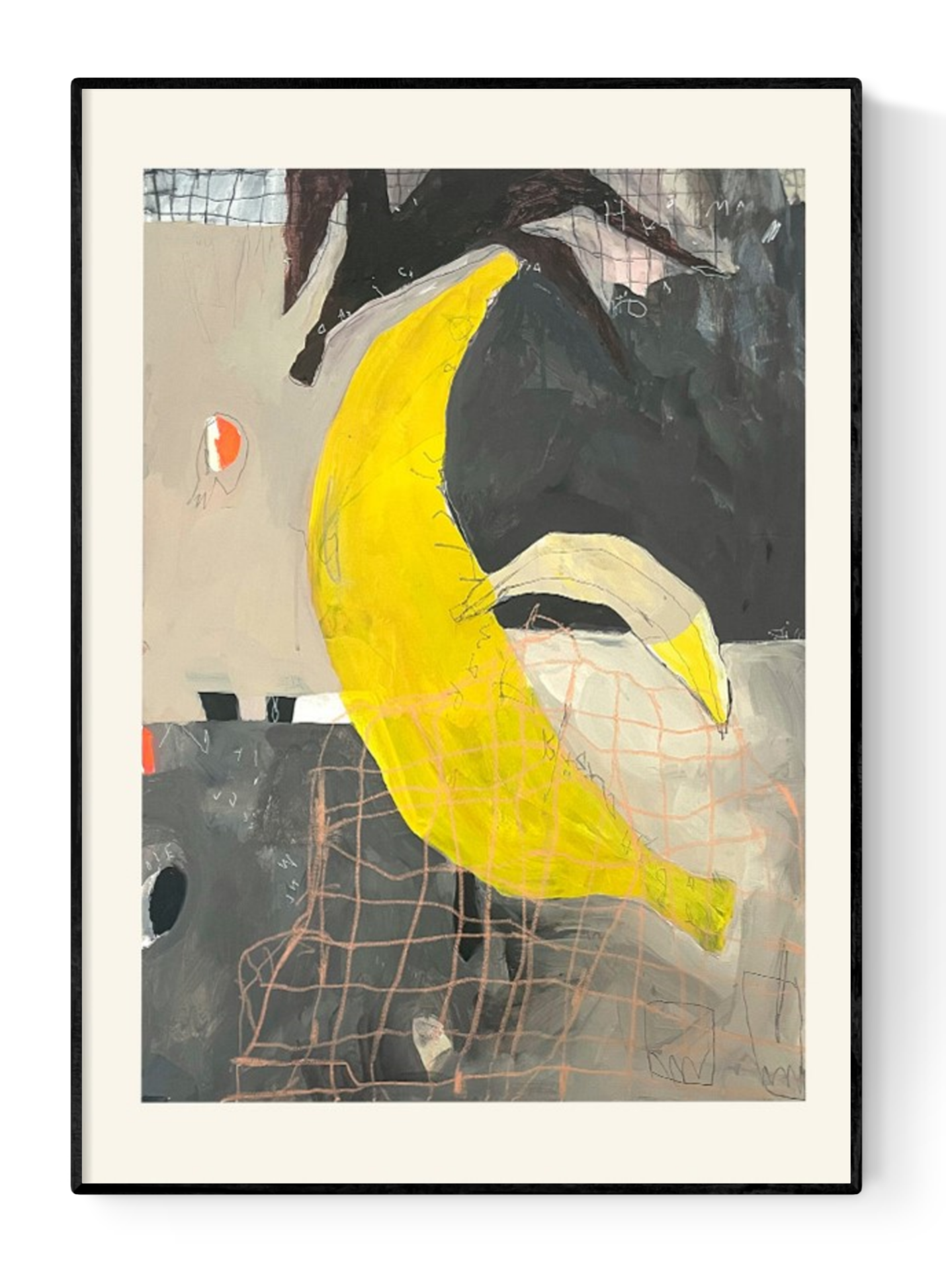 Bold and expressive mixed-media illustration by Wünsch & Stömer titled 'Banana,' featuring a large, vibrant yellow banana set against a textured abstract background in muted tones of grey, black, and beige. With raw lines, layered patterns, and spontaneous marks, this contemporary artwork blends pop art energy with abstract expressionism—ideal for modern art collectors and eclectic interiors