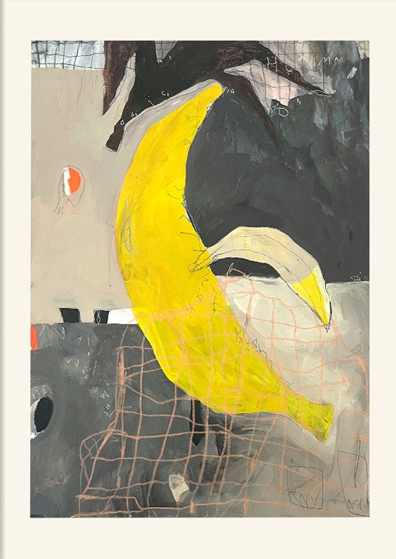 Bold and expressive mixed-media illustration by Wünsch & Stömer titled 'Banana,' featuring a large, vibrant yellow banana set against a textured abstract background in muted tones of grey, black, and beige. With raw lines, layered patterns, and spontaneous marks, this contemporary artwork blends pop art energy with abstract expressionism—ideal for modern art collectors and eclectic interiors