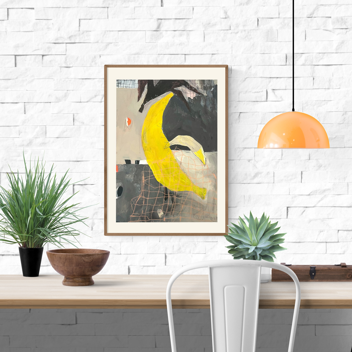 Bold and expressive mixed-media illustration by Wünsch & Stömer titled 'Banana,' featuring a large, vibrant yellow banana set against a textured abstract background in muted tones of grey, black, and beige. With raw lines, layered patterns, and spontaneous marks, this contemporary artwork blends pop art energy with abstract expressionism—ideal for modern art collectors and eclectic interiors