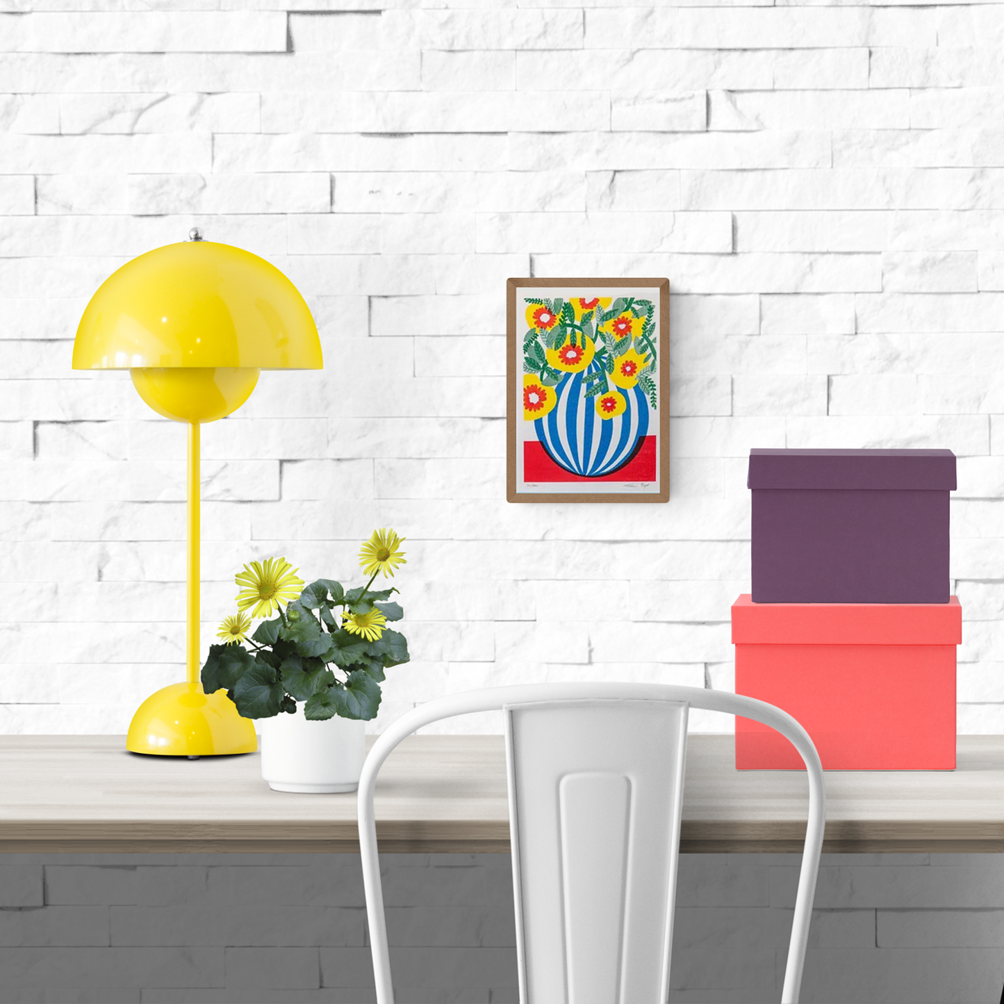 Blue Stripes Pot by Teresa Rego – colorful botanical art print featuring a bold blue-and-white striped vase with vibrant yellow, red, and green flowers, modern floral illustration for home decor, available at Galerie Frits