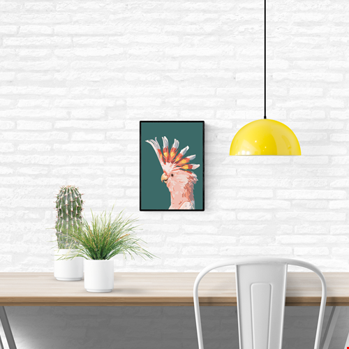 “Fashionista” by Floor 4 Productions – Digital art print of a pink cockatoo with vibrant yellow and orange crest on a muted green background, minimalist A4 wall decor made in Belgium.