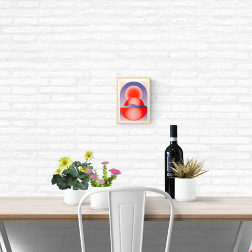 Abstract geometric risograph print by Dutch illustrator PTRVRKD – bold blue and red still life with circular shapes, gradients, and modern minimalist design, printed with eco-friendly soy inks on 250 gsm Biotop paper, handmade in the Netherlands – ideal contemporary wall art for design enthusiasts.