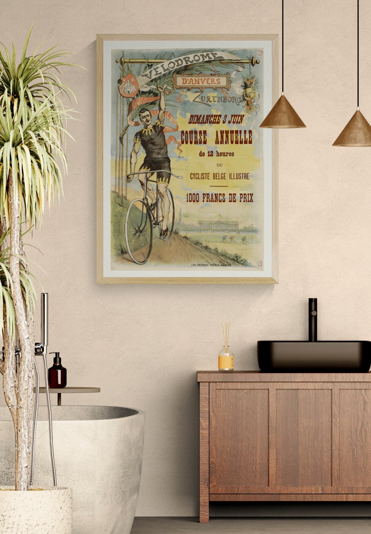 Vintage Velodrome d’Anvers digital art print showing a Belgian cyclist with his bicycle in muted blue, yellow and red tones, in portrait format for cycling-themed wall decor.