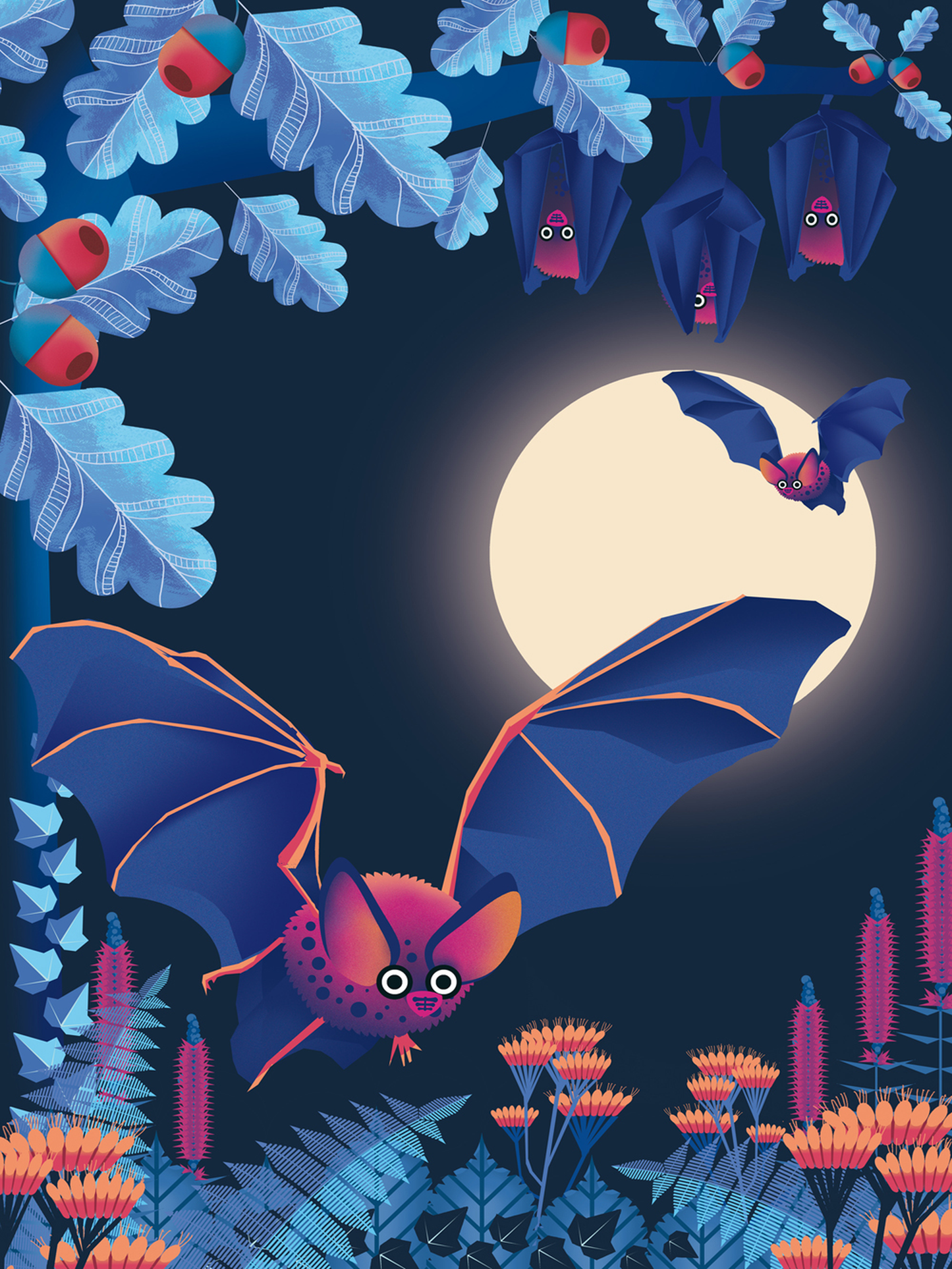 Vivid and playful illustration by Studio Frits titled 'Bats,' depicting a group of cartoon-like bats flying and hanging among glowing foliage under a full moon. With bold purples, blues, and neon oranges, this colorful nighttime forest scene adds a whimsical, slightly spooky charm—perfect for nature lovers, children’s spaces, and fans of quirky, vibrant art