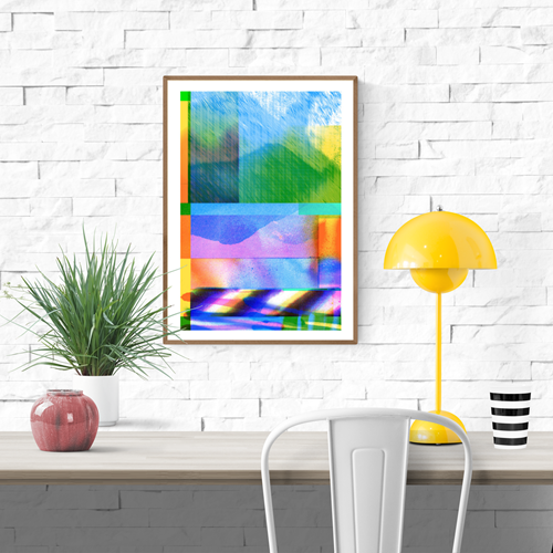 Colorful abstract risograph art print titled La Couleur du Reflet by Ben Coosmans, A3 size, limited edition of 100, signed and numbered – modern graphic print with vibrant colors and digital textures.