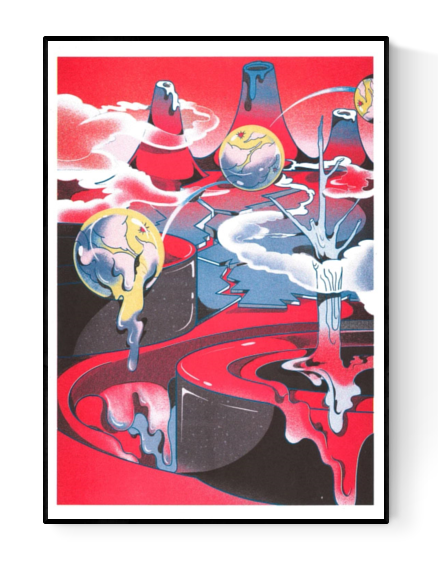 Surreal risograph art print titled "Melting Land Night" by Beya Panicha, featuring melting planets, dreamlike volcanoes, and fluid red lava on A3 Munken paper, printed in France.