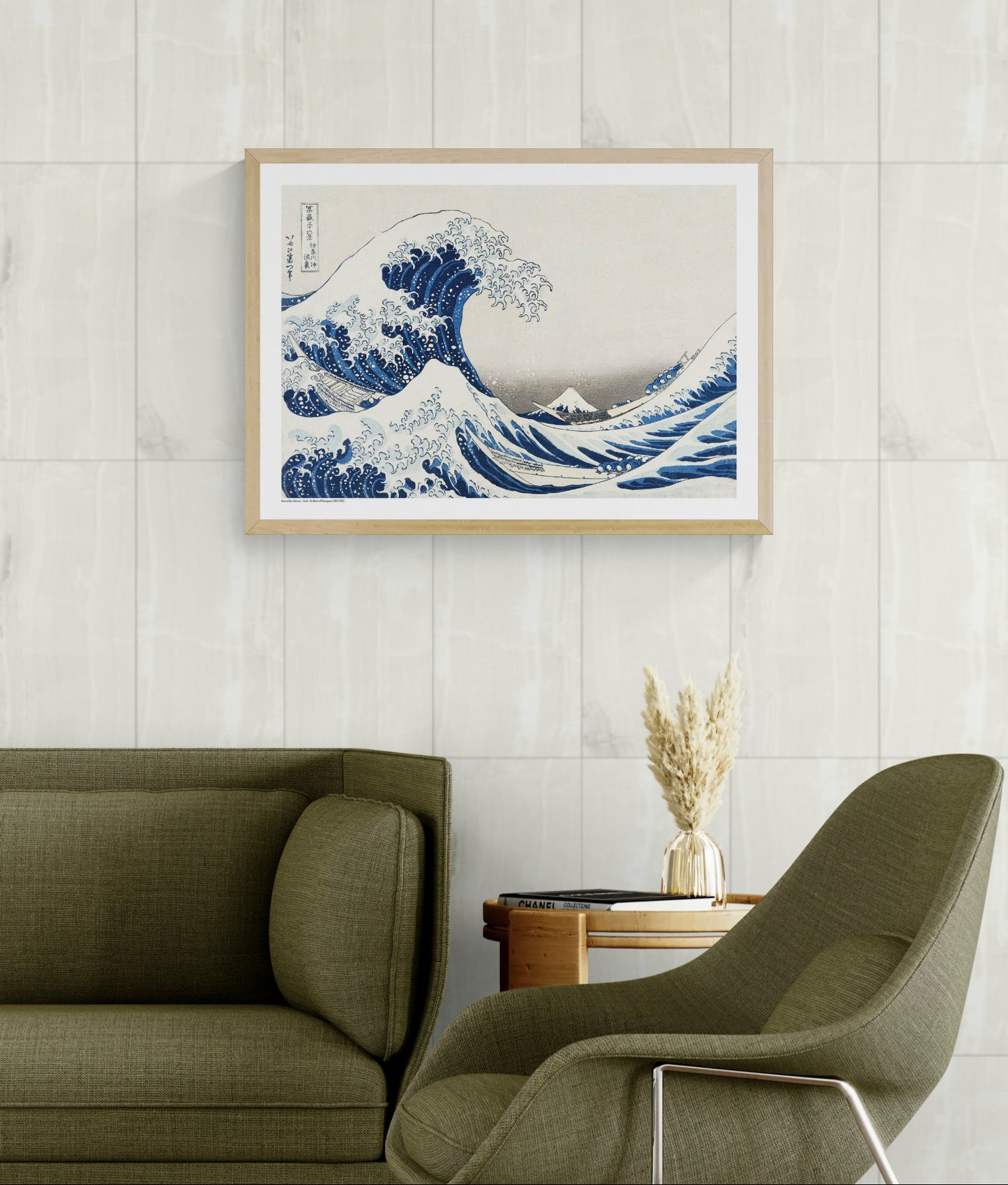Katsushika Hokusai Under The Wave art print showing towering blue ocean waves, fishing boats and Mount Fuji in classic Japanese ukiyo-e style, horizontal format for living room or office wall decor.