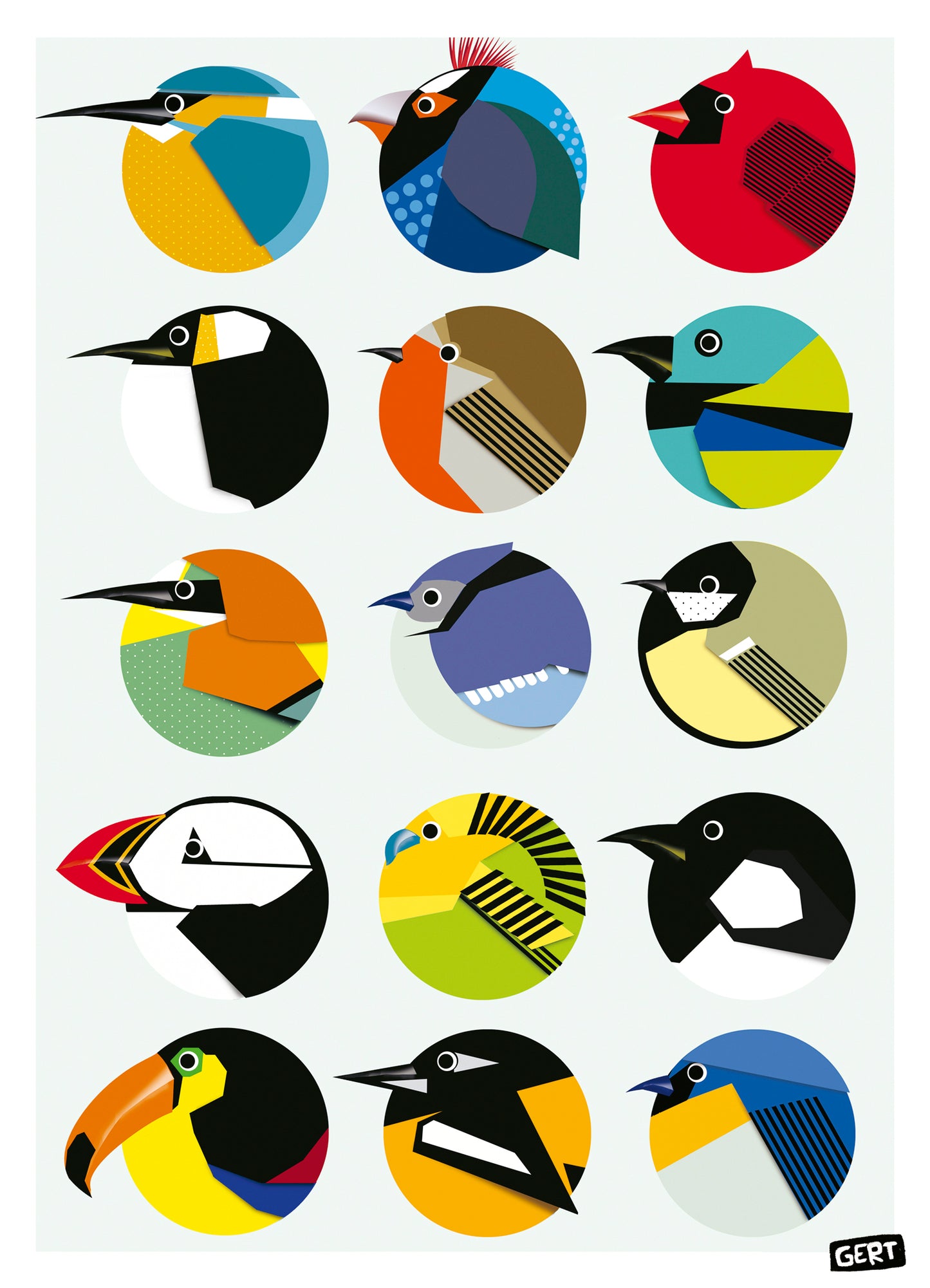 Circle Birds by Gert Paenen, colorful geometric bird illustration art print featuring 15 stylized birds inside circular compositions, modern graphic wall art print for contemporary interiors and design lovers