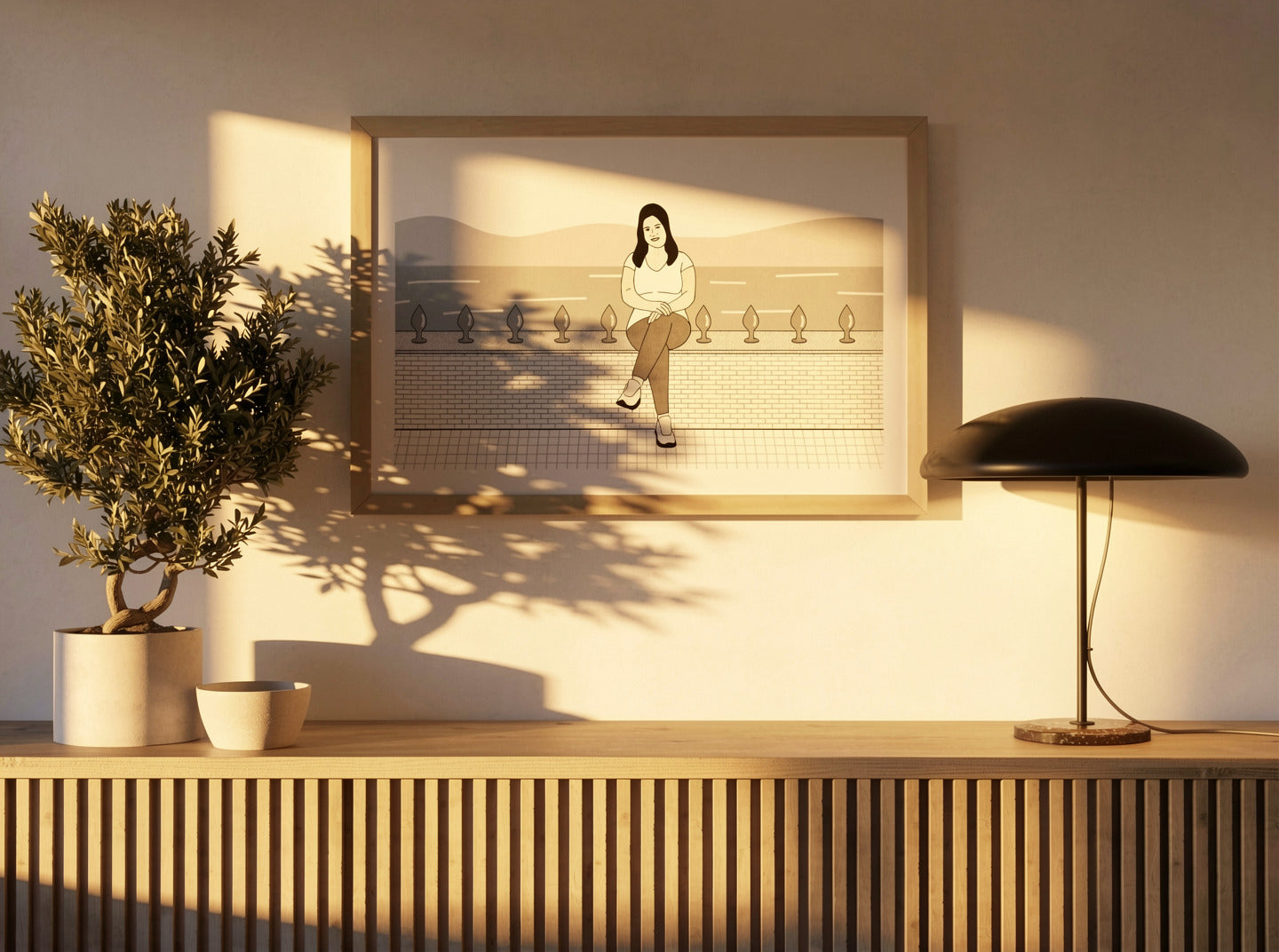 Risograph art print titled “Happy” by Studio Stoutpoep, A2 contemporary monochrome illustration featuring a seated woman in a graphic minimalist style, printed with eco-friendly soy-based inks, modern statement wall art for design interiors.
