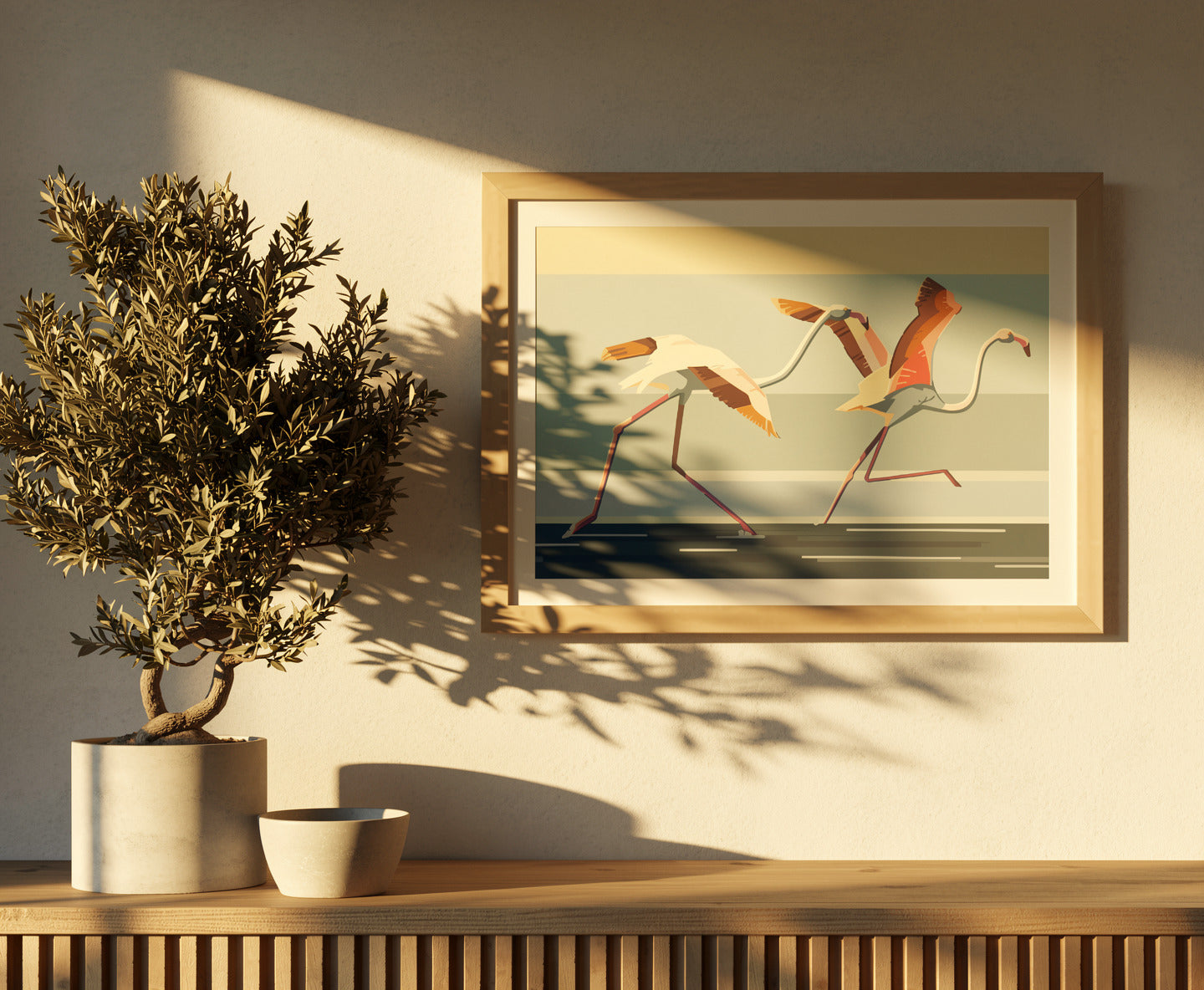 Contemporary A3 art print titled Take off by Belgian duo Floor 4 Productions. Features two flamingos mid-run across a stylized water surface with bold pastel tones and geometric lines. Printed on 300g paper, perfect for colorful and energetic home decor.