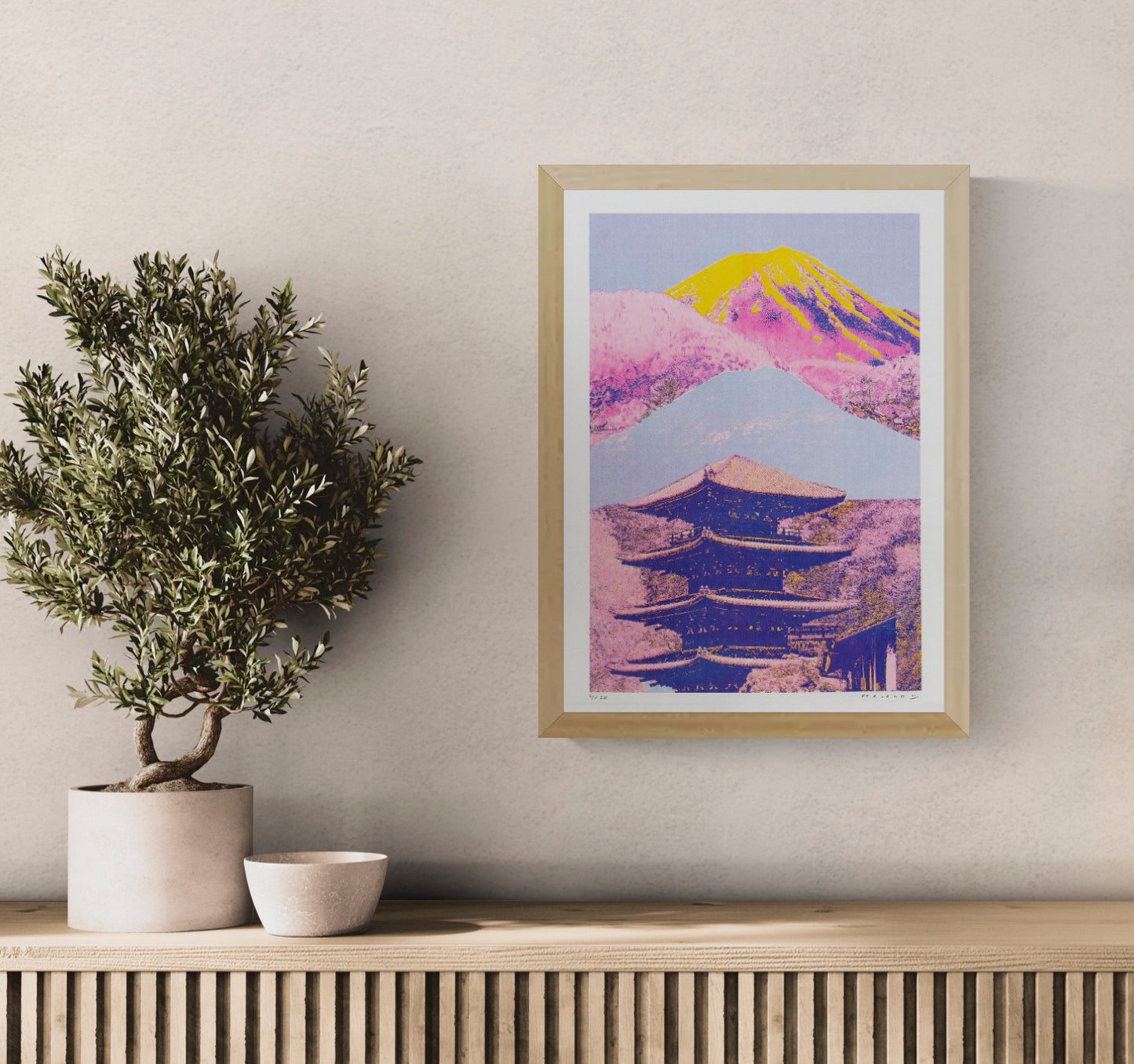 Colourful vertical risograph print by PTRVRKD showing a traditional Kyoto temple beneath Mount Fuji, rendered in vivid pink, yellow, blue and purple tones for bold contemporary wall decor.