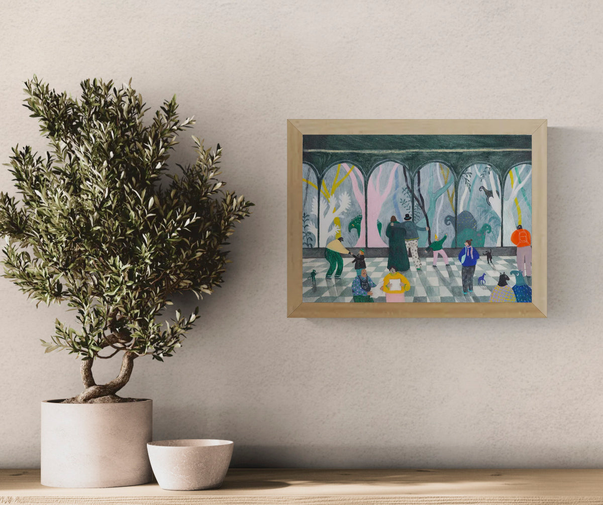 A4 art print “De bewonering” by Louise de Meester, whimsical narrative illustration with humans and animals, surreal wall art for imaginative interiors.