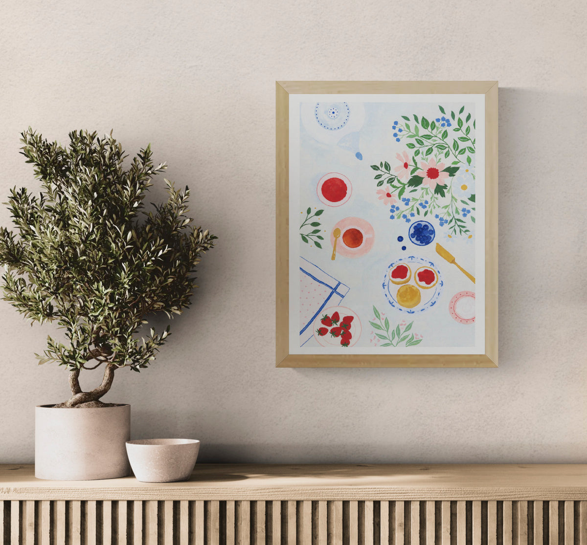 Breakfast Garden art print by Leens featuring floral branches, tea cups, strawberries, blueberry bowls, and breakfast details in soft pastel colours on a light background, A3 digital illustration for cozy kitchen wall decor.