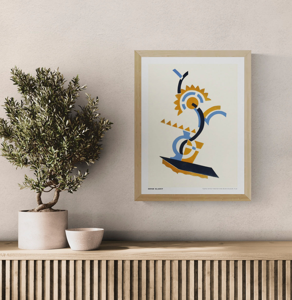 Abstract geometric flower composition by Serge Gladky in orange, cobalt blue and black on cream, shown as a vertical digital art print. Art Deco wall art for living rooms, offices or creative spaces.