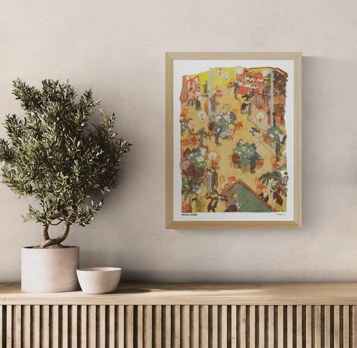 Kaffeehaus by Oskar Laske, vertical vintage café illustration in warm yellow, red, green and black, showing busy tables, card players and a bar; digital print for dining room or kitchen wall decor.