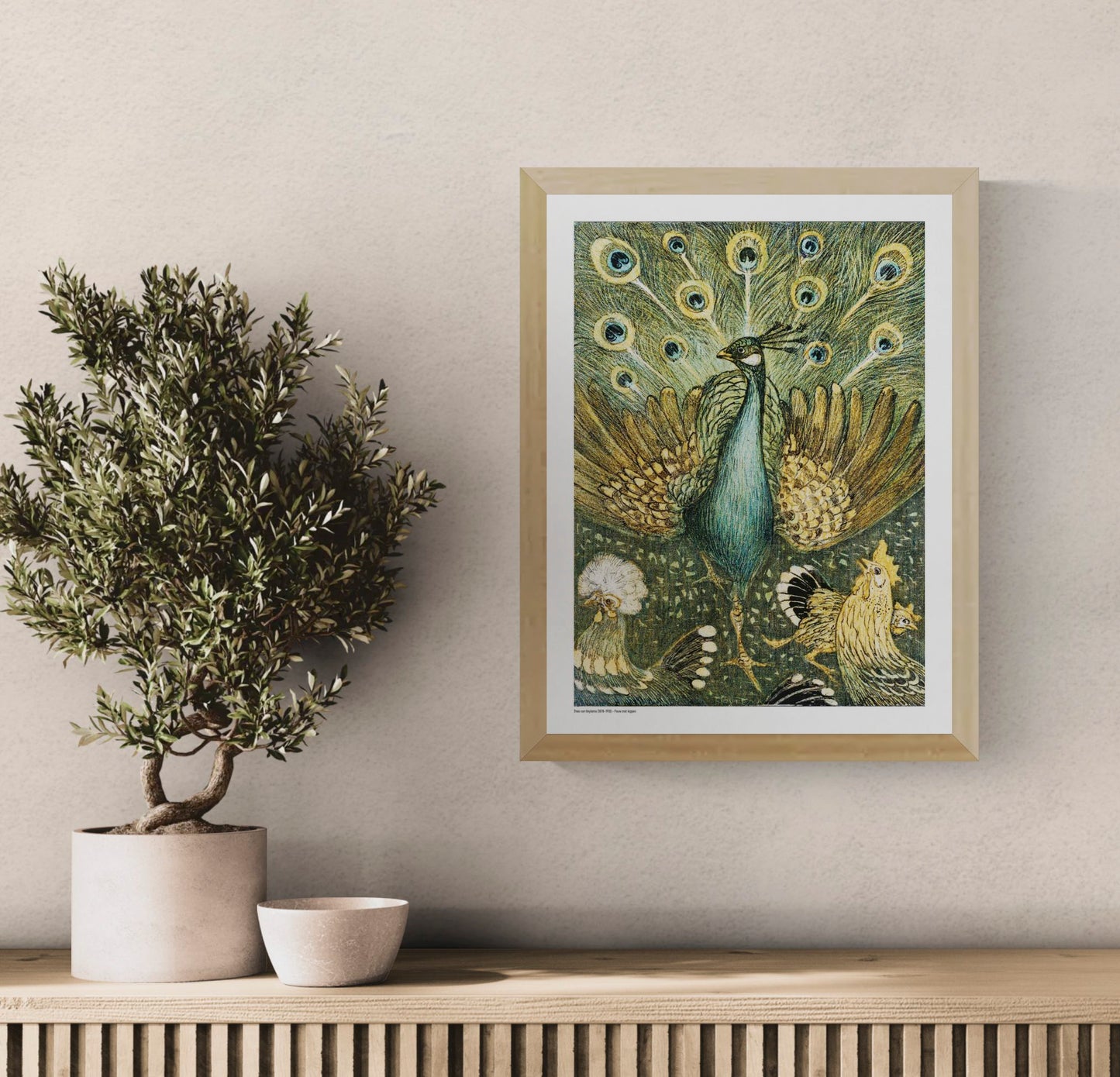 Vertical decorative art print of a peacock surrounded by chickens, illustrated in rich green, turquoise, gold and black tones in Theo van Hoytema’s Art Nouveau style, ideal as distinctive living room wall art.