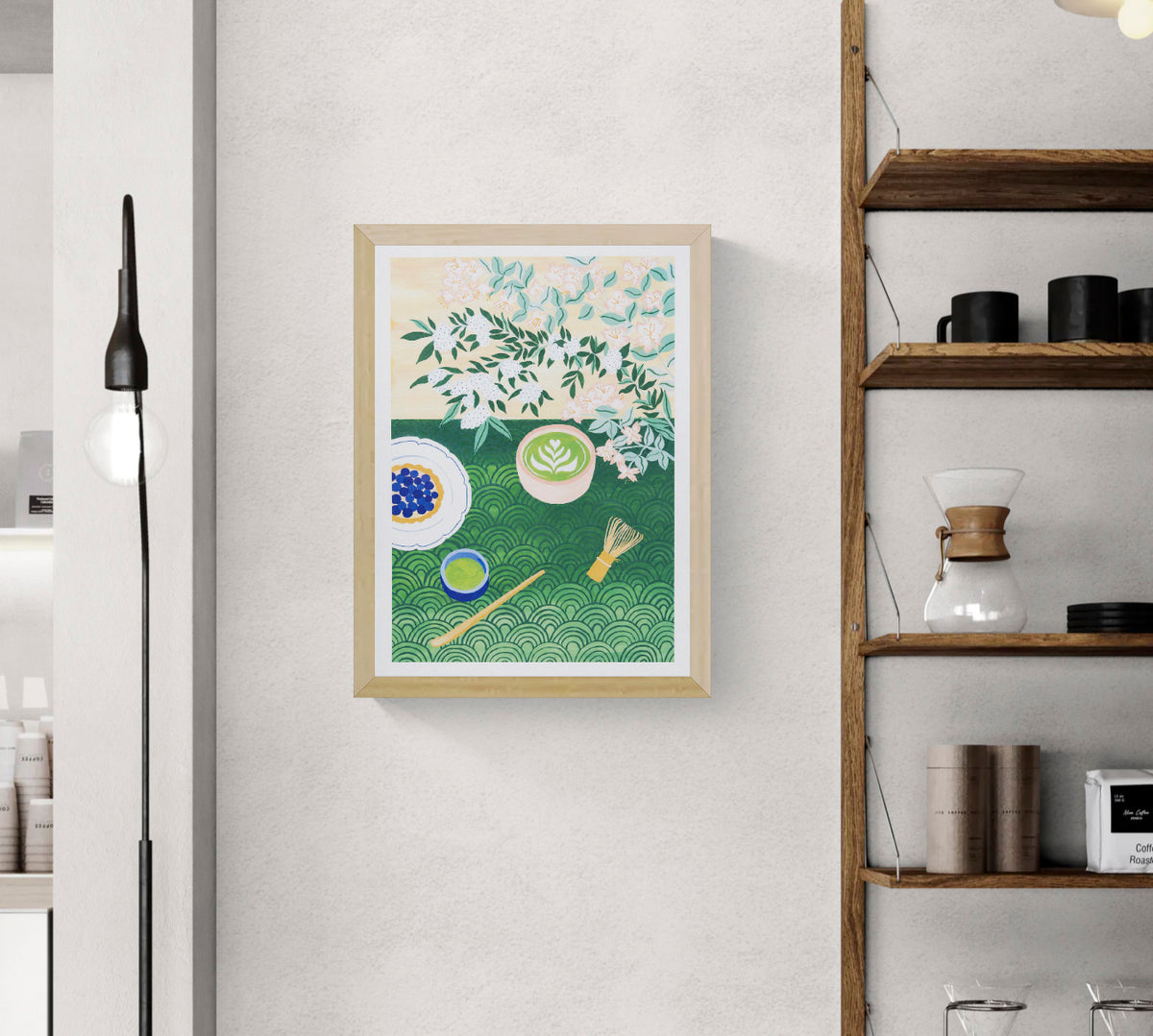 A3 art print "Matcha Time" by Leens featuring a flat-lay composition with a matcha latte in a ceramic bowl, bamboo whisk, green tea cup, tart with blueberries, floral branches, and Japanese wave patterns. Perfect for tea lovers and kitchen decor.