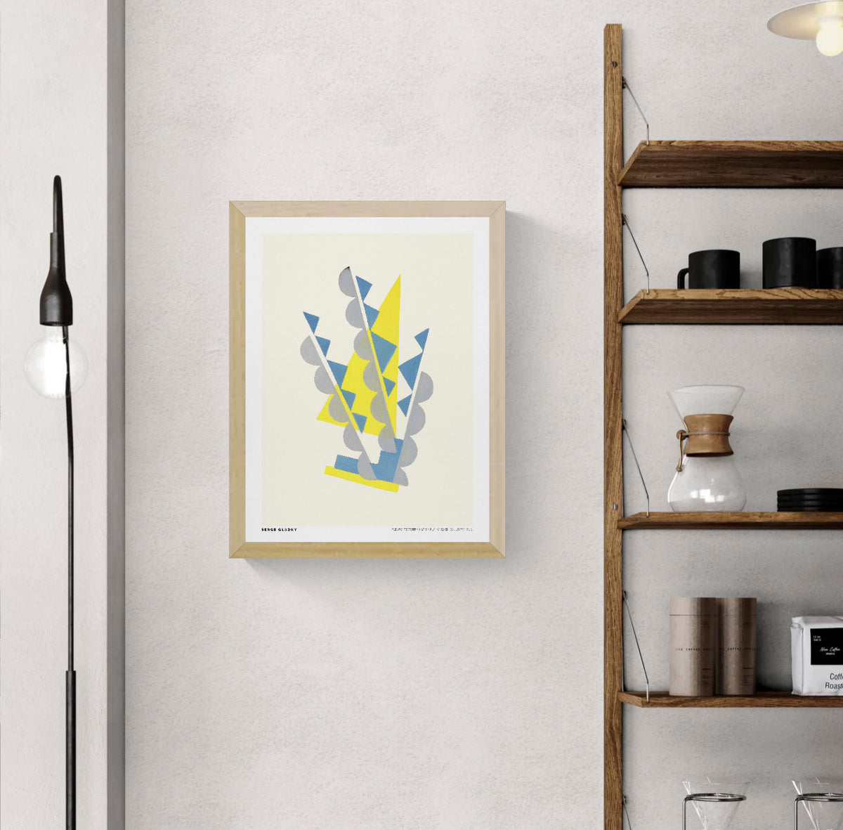 Fleurs PL. 3 by Serge Gladky, vertical Art Deco floral composition with geometric blue, yellow and grey shapes on a warm cream background, reproduced as a digital print for modern wall decor.