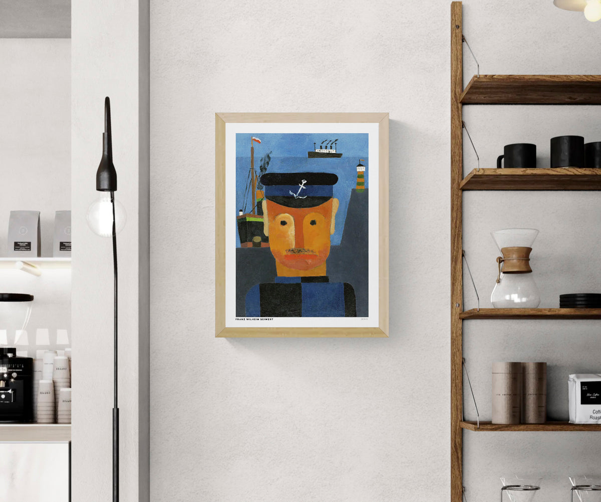 Seemann by Franz Wilhelm Seiwert, a modernist sailor portrait in orange, blue, and black, with ships and a lighthouse in the background. Vertical digital art print for nautical-inspired wall decor.